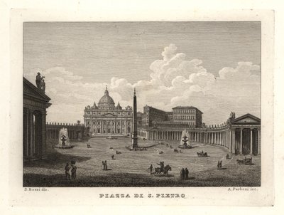 Pohled na náměstí svatého Petra, Piazza di S. Pietro, s bazilikou svatého Petra a staroegyptským obeliskem od Unbekannt