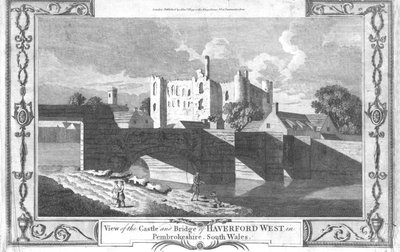 Pohled na hrad a most Haverford West v Pembrokeshire., konec 18. století od Unbekannt