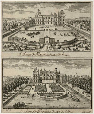 Pohled na Château de Maintenon od vchodu a ze zahrady, 17. století. od Unbekannt