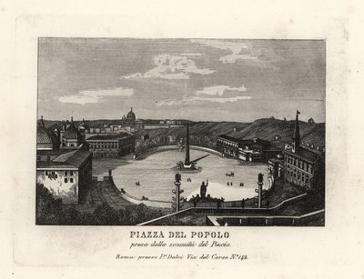Pohled na Piazza del Popolo, Place du Peuple, s egyptským obeliskem Rameses II z Heliopolis, z vrcholu kopce Pincian, Řím od Unbekannt