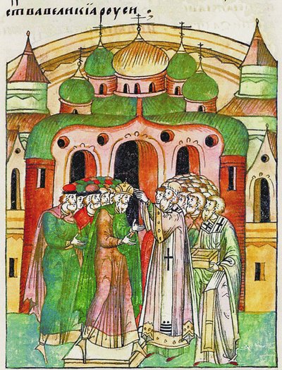 Vladimír Vsevolodovič korunován biskupem Neophytosem čepicí Monomachs. Z Illuminated Compil od Unbekannt