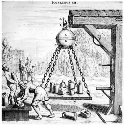 Von Guerikes demonstrace síly tlaku vzduchu, 1672 od Unbekannt