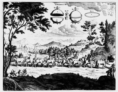 Von Guerikes demonstrace síly tlaku vzduchu, 1672 od Unbekannt