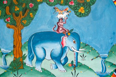 Stěna zobrazující legendu o čtyřech přátelích; slon; opice; králík a kohout; Kharbadi Gompa; Phuentsholing; království Bhútán od Unbekannt