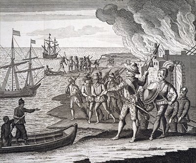 Walter Raleigh dobývá Fort St. Joseph. od Unbekannt