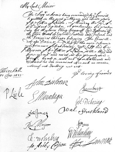 Příkaz Státní rady lordu starostovi Londýna, který si přeje, aby se on a radní zúčastnili vyhlášení Olivera Cromwella lordem protektorem Britského společenství, Skotska, Irska a Dominionů dne 19. prosince od Unbekannt