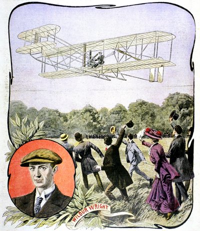 První let Wilbura Wrighta v Evropě na závodní dráze Hunaudieres poblíž Le Mans ve Francii, 1908 od Unbekannt