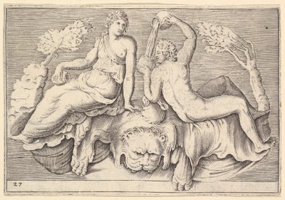 Žena a muž sedí na lví kůži, muž nalévá víno, publikoval ca. 1599-1622. od Unbekannt