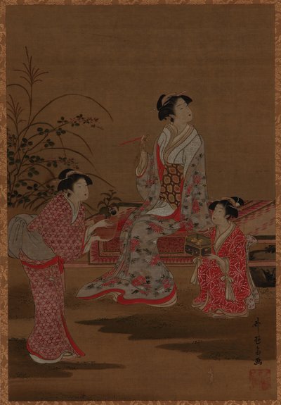 Mladá žena se dvěma děvčaty sedící v zahradě, období Edo, 1615-1868. od Unbekannt