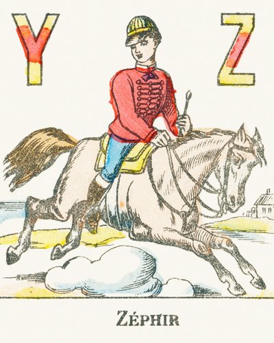 Z: Zephir, jezdec cválající na svém koni jménem Zephyr - Games Alphabet, c.1890 (rytina) od Unbekannt