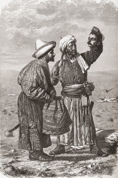 Afghánský voják držící uťatou hlavu svého nepřítele, ilustrace z knihy "Svět v rukou", rytina Gaucharda a Charlese Barbanta (zemř. 1922), vydáno 1878. od Unbekannt Unbekannt