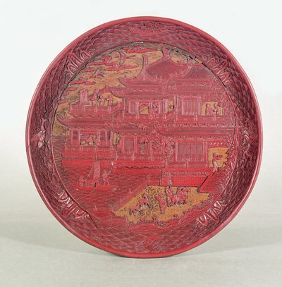 Lakovaná miska, vyřezávaná, zobrazující „Pavilon orchidejí prince Tanga, 1489 od Unbekannt Unbekannt