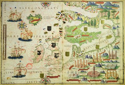 Mapa Evropy z faksimile „Millerova atlasu“ od Pedra a Jorge Reinela a Lopa Homema z roku 1519 od Unbekannt Unbekannt