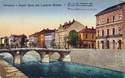 Pohlednice zobrazující Sarajevo, Appel Quay a Lateinerův most, místo zavraždění arcivévody Franze-Ferdinanda a jeho manželky Sophie dne 28. června 1914, c. 1920 od Unbekannt Unbekannt
