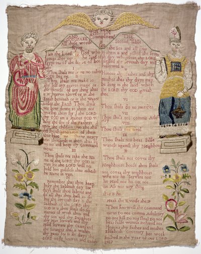 Vzorník, zobrazující Desatero, od Elizabeth Coventry, angličtina, 1727 (barevné hedvábí na plátně) od Unbekannt Unbekannt