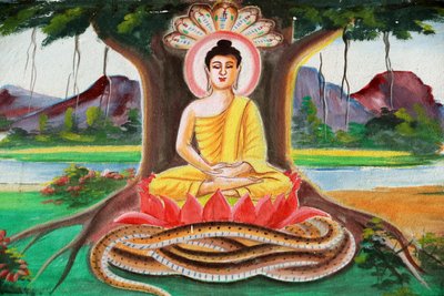 20151102, Vang Vieng, Laos: Obraz zobrazující životní příběh Buddhy Šákjamuniho. Buddha sedí v meditační pozici pod stromem Bodhi od Unbekannt