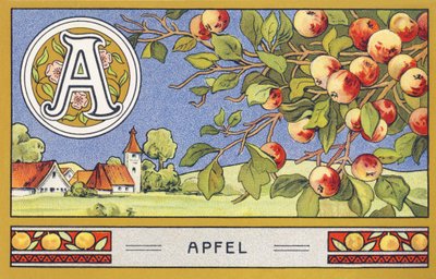 A: Jablko - Abeceda Palmine. Řada chromolitografií vydaná H. Schlinck & Cie, Hamburg, s. d. . Reklama na nejlepší kokosový tuk Palmin. Rozměry: 7 x 11 cm od Unbekannter Künstler