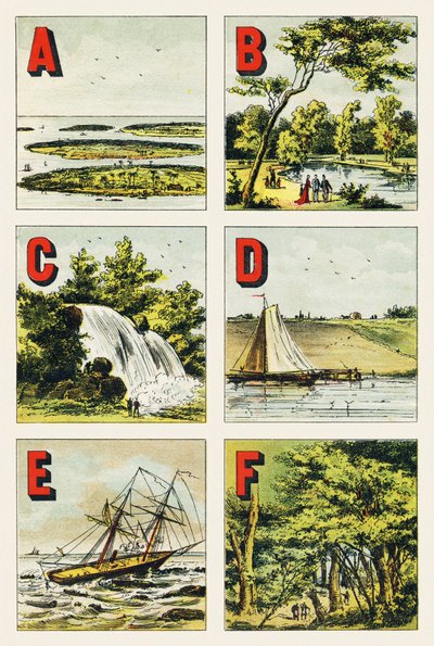 A B C D E F: souostroví, Bois de Boulogne, vodopád, hráz, útes, les Fontainebleau - rytina extrahovaná ze zeměpisné abecedy. Guerin-Muller et Cie, nakladatelství, Paříž od Unbekannt