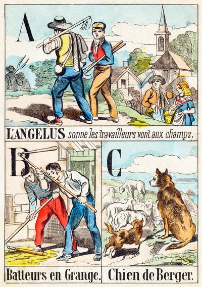 Na Angelus jdou dělníci do polí; B Mlátičky ve stodole; C Ovčák - "Abeceda statku" konec 19. století (rytina) od Unbekannt