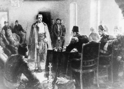 Obraz Kaliny Tassevy zobrazující bulharského revolucionáře Vasila Levského před tribunálem Osmanské říše od Unbekannt