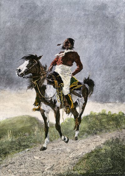 Odvážný Komanč cestující na koni jižními prériemi (Texas, Oklahoma, USA) kolem roku 1800. Litografie od Unbekannter Künstler