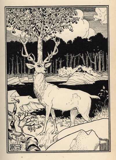Třešeň na hlavě jelena, které se dotkly kameny třešňových kopí od barona de Munchausen Ilustrace William Strang (1859-1921) a JB Clark převzat z „Dobrodružství barona z Munchausenu (Munchhausen) od Rudolfa Ericha Raspeho (1736- od Unbekannt