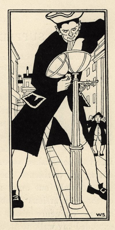 Obr, přivezený baronem de Munchausen ze Sýrového ostrova v Anglii, rozsvěcuje pouliční osvětlení bez žebříku. Ilustrace William Strang (1859-1921) a JB Clark z „Dobrodružství barona z Munchausenu (Munchhausen) od Rudolfa Ericha Ra od Unbekannt