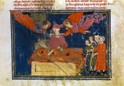 Skupina nemocných lidí a pán, který koná dílo milosrdenství tím, že jim poskytuje pomoc. Miniatura převzata z knihy "The Works of Merciord" (ms. II, VI od Unbekannter Künstler