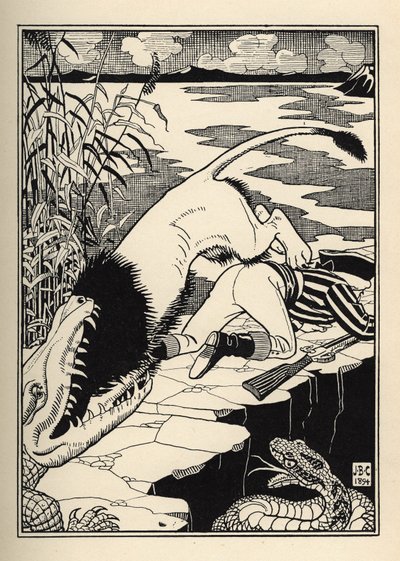 Lev, který chtěl zaútočit na barona de Munchausen, skončil u krokodýla. Ilustrace Williama Stranga (1859-1921) a JB Clarka z „Dobrodružství barona z Munchausenu (Munchhausen) od Rudolfa Ericha Raspeho (1736-1794) (1789) od Unbekannt