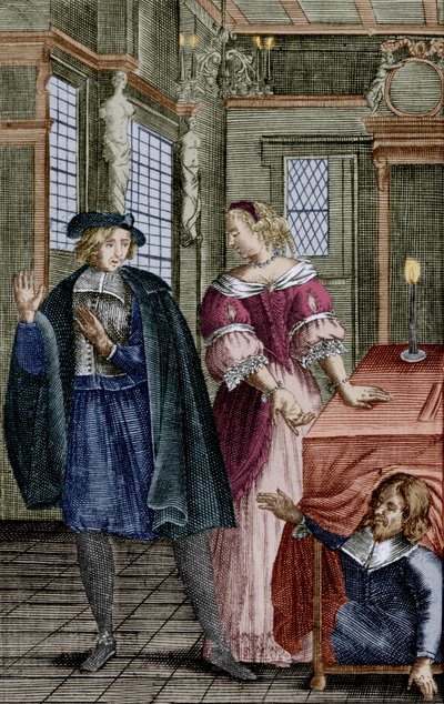Scéna z Moliérovy hry "Tartuffe" (1664) s Orgonem (pod stolem), Elmirou, jeho ženou, a Tartuffem, rytina od Unbekannter Künstler