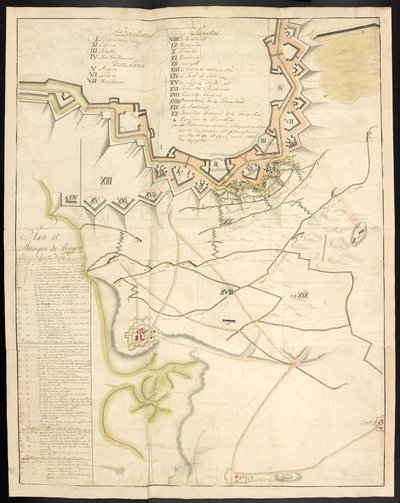 Tónovaný plán obléhání funguje. Žurnál o obléhání Bergenu op Zoom Francouzi v roce 1747; předcházela zpráva o stavu francouzského dělostřelectva v té době. od Unbekannter Künstler