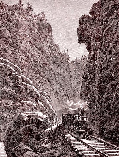 Vlak projíždějící coloradskými horami. USA v roce 1886 (rytina) od Unbekannter Künstler