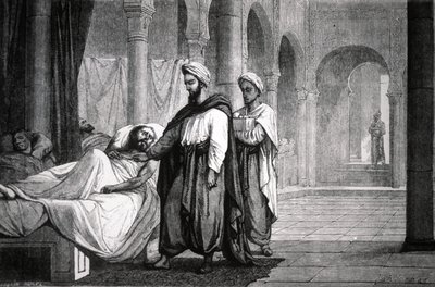 Abulcasis (936-1013), lékař chalífy Al-Hakama II, v nemocnici v Córdobě (Španělsko), rytina od Unbekannter Künstler