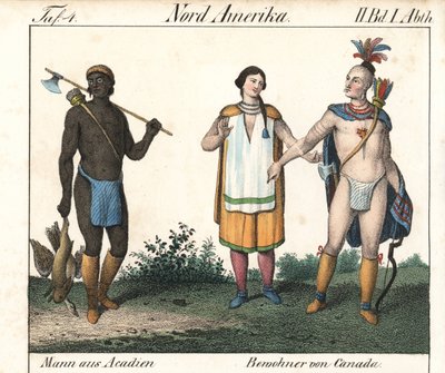 Muž z Akádie s potetovaným tělem a dvojice kanadských indiánů. Litografie pro knihu: "Friedrich Wilhelm Goedsche (1785-1863), vydání Míšeň (Německo). od Unbekannter Künstler