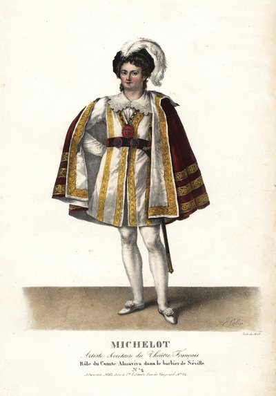 Herec Pierre Marie Nicolas Michelot jako hrabě Almaviva v Lazebníku sevillském Pierra Beaumarchaise, Theatre Français. Ručně kolorovaná litografie F. Noela podle ilustrace Alexandre-Marie Colina z knihy Portraits d