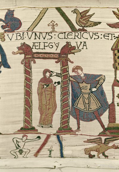 Aelfgyva s knězem, Bayeux Tapestry (vlněná výšivka na plátně) od Unbekannt