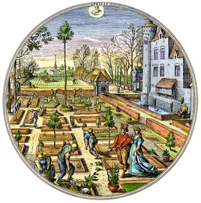 Zemědělství: Zahradničení v evropské zeleninové zahradě na začátku jara kolem roku 1590 Barevná rytina ze 16. století od Unbekannter Künstler