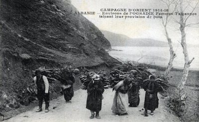 Albánie: Cikánské ženy nosící dřevěné balíky na zádech - Pohlednice 1914-1918 od William M. Timlin