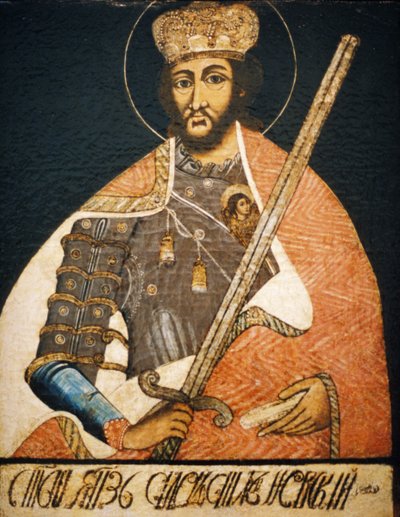 Alexander Něvskij zobrazen jako svatý válečník na portrétu neznámého umělce z počátku 18. století, Státní muzeum jeho toryů v Moskvě. od Unbekannter Künstler