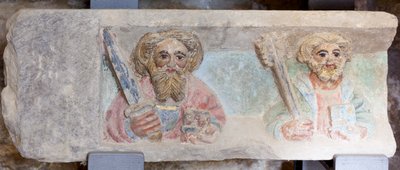 Oltářní obraz. polychromovaný kámen. Druhá polovina 14. století. Původ bývalý farní kostel Torre de Rialb. Detail. Dolní registr. Levý panel. Evangelisté Pavel Petr. od Unbekannt