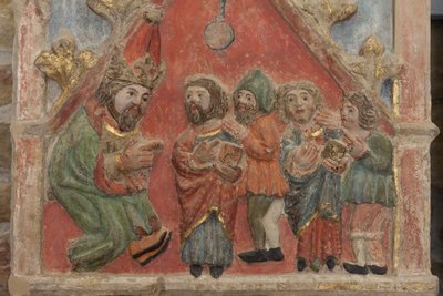 Oltářní obraz. polychromovaný kámen. Druhá polovina 14. století. Původ bývalý farní kostel Torre de Rialb. Detail. Střední registr. Levý panel. Horní část: Saints Iscle a Victoria s úředníky. od Unbekannt