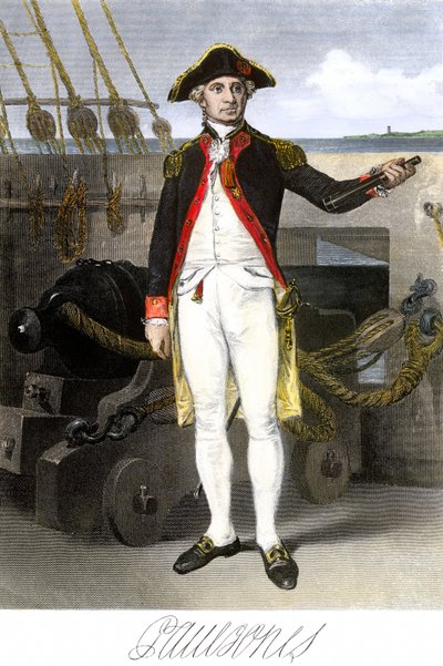 Americké námořnictvo: John Paul Jones (1747-1791) námořník a hrdina války za nezávislost Spojených států amerických. Barevná rytina se signaturou. od Unbekannter Künstler