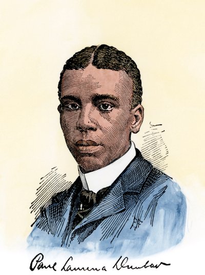 Americký básník Paul Lawrence Dunbar (1872-1906) s autogramem. Ručně kolorovaný dřevoryt ilustrace z 19. století od Unbekannter Künstler