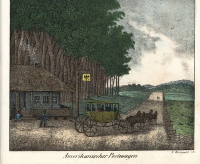 Americká pošta a pečlivost. Litografie pro knihu: "Friedrich Wilhelm Goedsche (1785-1863), Míšeň (Německo). od Unbekannter Künstler