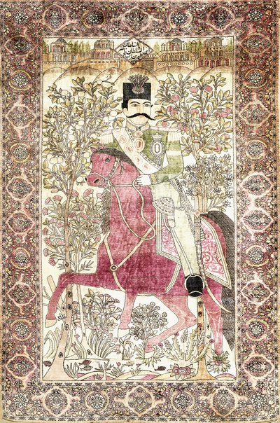 Starožitný hedvábný obrázkový koberec Kashan "mochtasham" zobrazující nasazenou postavu Naser al-Din Shah od Unbekannt
