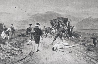 Útok na trenér, polovina 17. století, z „La Ilustracion Artistica“, vydáno 1887 od Unknown