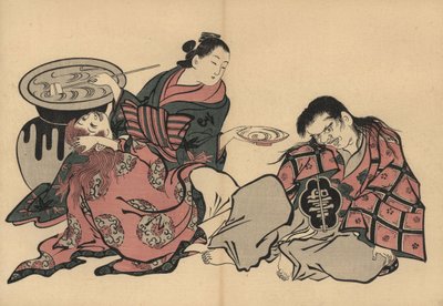 Kurtizána z oiran hraje na dvě šódžo se saké z obrovské vázy. Dřevotisk Masanobu Okumura (1686-1764) z knihy Fuzoku Emakimono, Obrazový svitek obchodu s vodou, Tokio, reprint kolem roku 1880. od Unbekannter Künstler