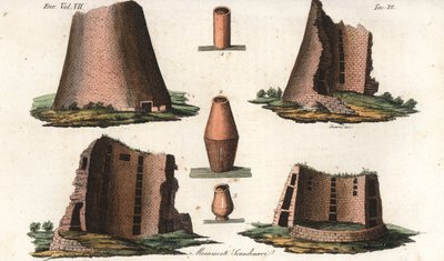 Starověké vikingské památky z německé provincie poblíž Skandinávie a některé urny z dánských a švédských hrobů. Ručně kolorovaná mědirytina od Giarreho a Stanghiho z knihy Giulia Ferraria Kroje starověkých a moderních národů světa. od Unbekannter Künstler