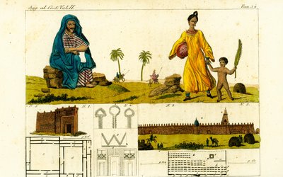 Auguste Rene Caillie 1 předstírá, že studuje Korán, aby načrtl mešitu v Timbuktu v Mali, 3, se ženou v bavlněném hábitu a nahým dítětem s palmovými listy 2 od Unbekannt