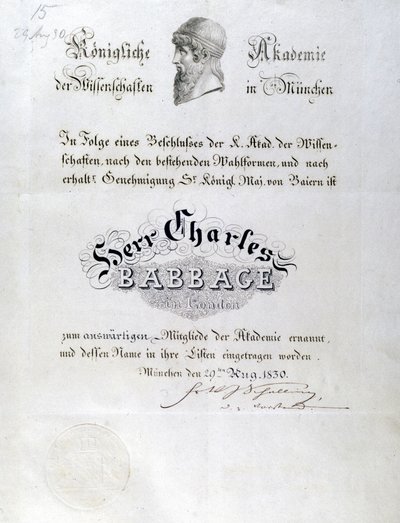 Babbage Čestný diplom udělený Charlesi Babbageovi od Unbekannt